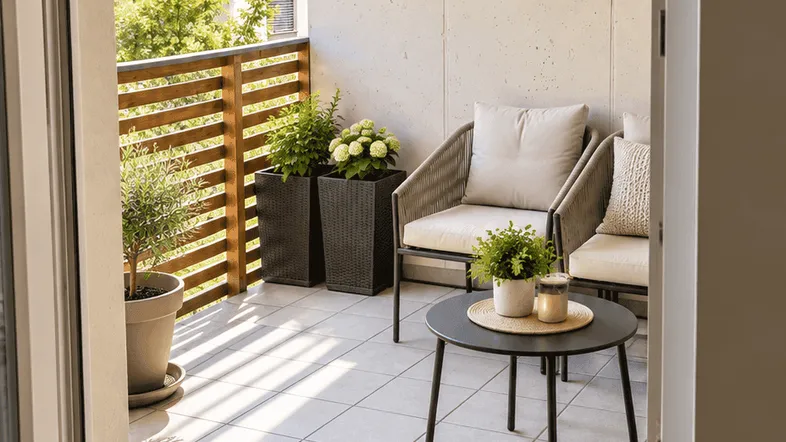 Heller Balkon mit modernen Outdoor-Möbeln, Pflanzen und Blick auf die umliegenden Gebäude und Berge.