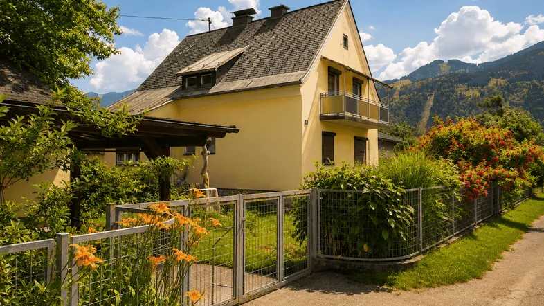 Gelbes Einfamilienhaus mit Satteldach, Balkon und umzäuntem Vorgarten in ländlicher Umgebung.