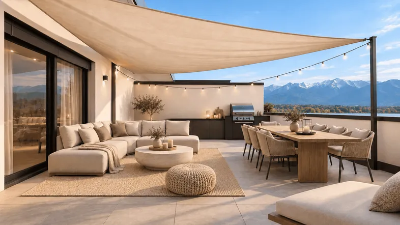 Große, möblierte Dachterrasse mit Essbereich, Lounge und atemberaubendem Bergblick unter einem Sonnensegel.