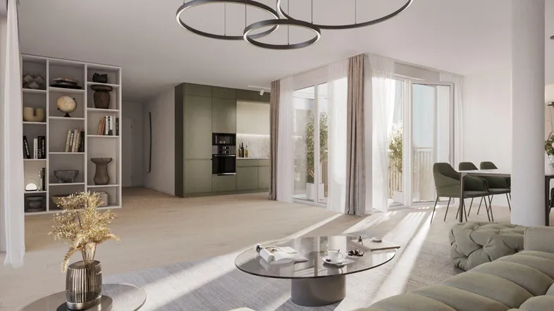 Heller, offener Wohn- und Essbereich mit moderner Küche, hohen Decken und Zugang zum Balkon.