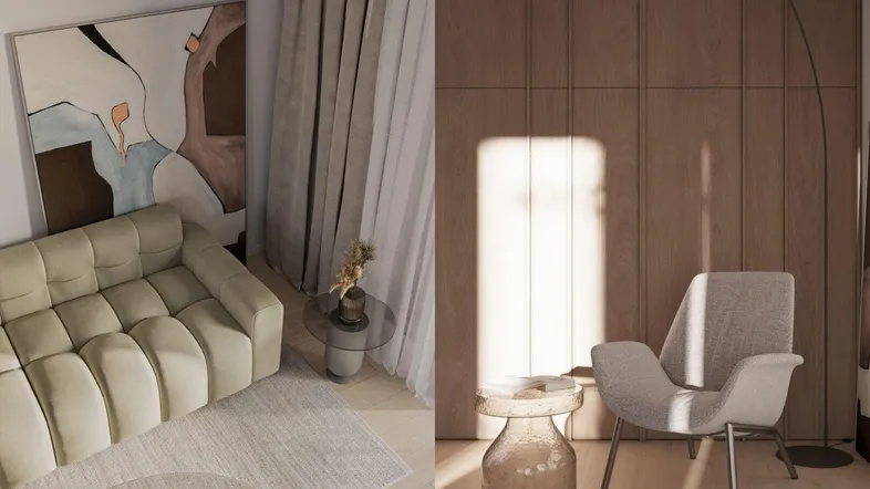 Modernes Wohnzimmer mit beigem Sofa, Holzwandverkleidung und viel natürlichem Licht, ergänzt durch ein abstraktes Kunstwerk.