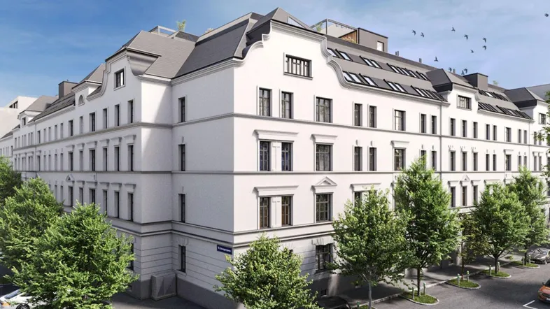 Visualisierung der modernen Fassade eines Wohngebäudes mit klassischem Dach und Bäumen.