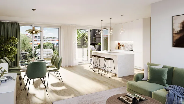Helles, offenes Wohnzimmer mit Essbereich, moderner Küche und Zugang zum Balkon.
