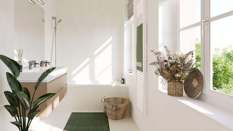 Modernes Badezimmer mit Badewanne, Holzwaschtisch und Fenster mit Blick ins Grüne.