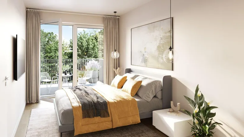 Modernes Schlafzimmer mit Balkonzugang, hellem Interieur und grüner Aussicht.