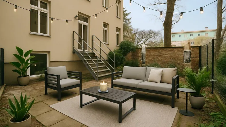 Gemütliche Terrasse mit modernen Gartenmöbeln und Lichterkette im Hinterhofbereich.