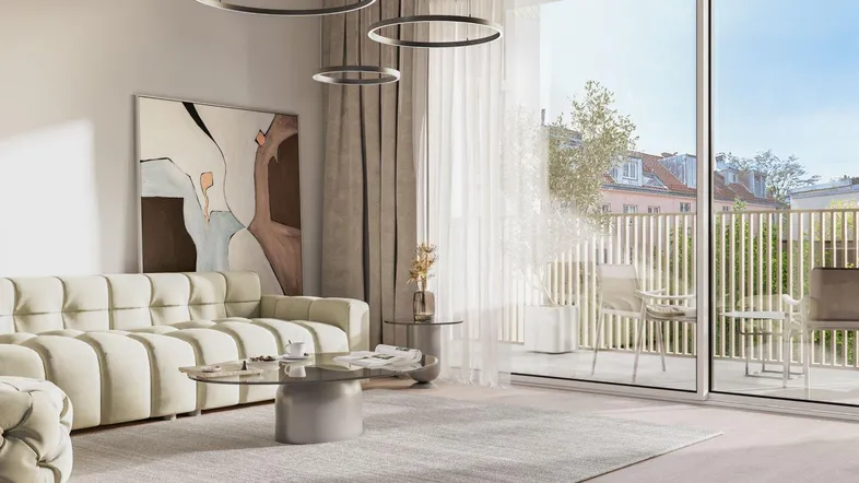 Helles, modernes Wohnzimmer mit beigem Sofa, großem Teppich und Zugang zum Balkon.