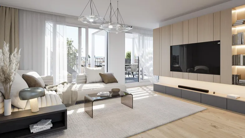 Helles, modernes Wohnzimmer mit Holzboden, großem Sofa und Zugang zu einem Balkon.
