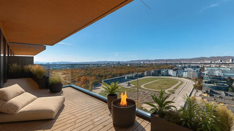 Geräumige Terrasse mit Holzboden, gemütlicher Lounge und atemberaubendem Panoramablick über die Stadt und Rennbahn.