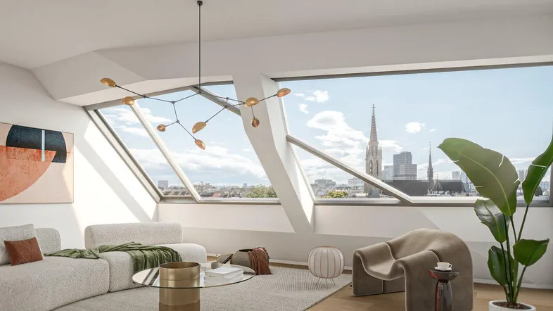 Modernes Wohnzimmer mit großen Dachfenstern, Stadtblick und stilvoller Einrichtung.