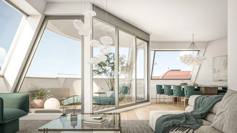 Helles, modernes Wohn-Esszimmer mit großen Fenstern, Holzboden und Zugang zum Balkon.