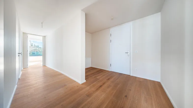 Heller Flur mit Holzboden und Zugang zu weiteren Räumen sowie einem Ausgang ins Freie.