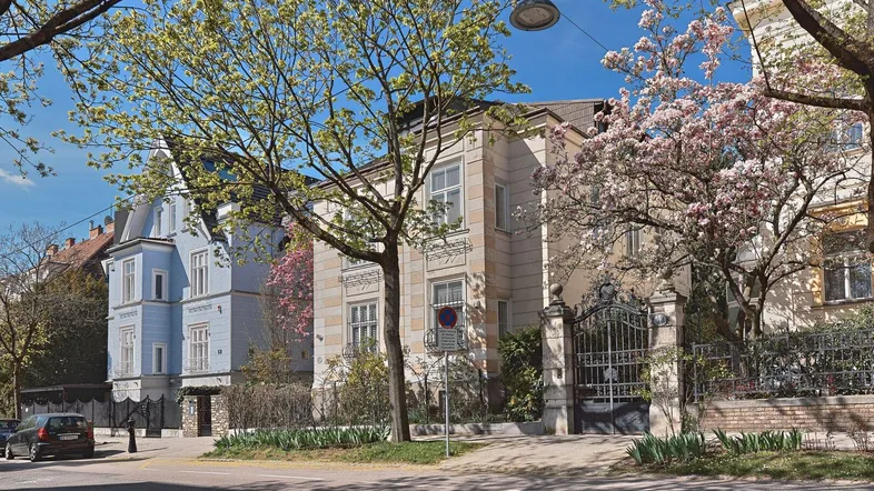 Historische Gebäude mit klassischer Architektur und blühenden Bäumen an einer ruhigen Straße.
