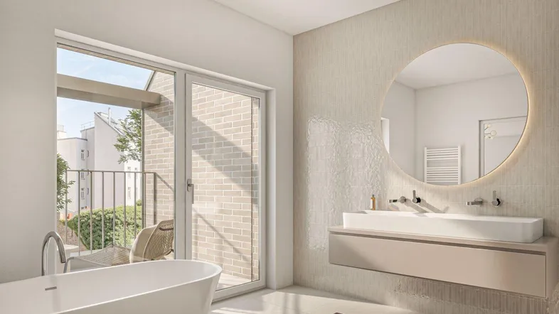 Modernes Badezimmer mit freistehender Badewanne, Doppelwaschbecken und Zugang zum Balkon.