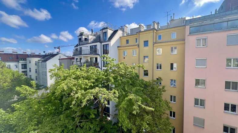 Blick auf die Fassaden mehrerer Wohngebäude mit üppigem Grün im Vordergrund unter blauem Himmel.