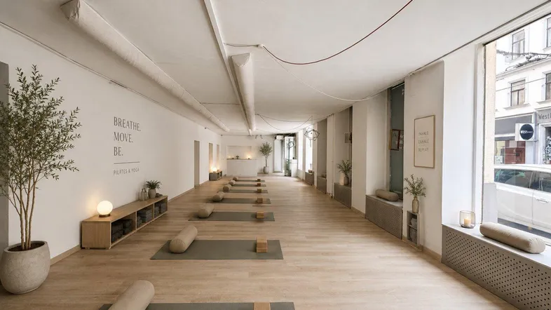 Helle und moderne Gewerbefläche, eingerichtet als Pilates-Studio mit Holzboden und großen Fenstern zur Straße.
