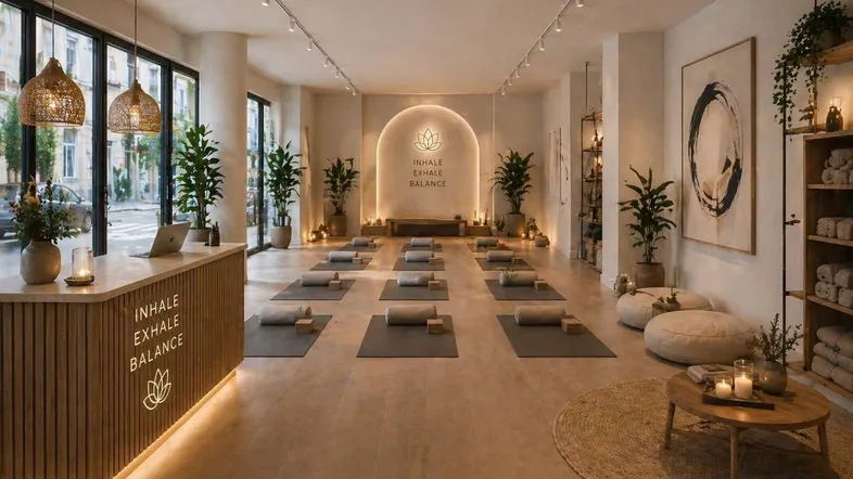 Heller und ruhiger Yogaraum mit Holztheke, Pflanzen und stimmungsvoller Beleuchtung für Entspannung und Balance.