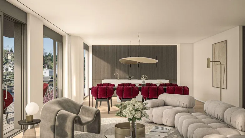 Moderner, offener Wohn- und Essbereich mit stilvollen Möbeln, Holzboden und Zugang zum Balkon.