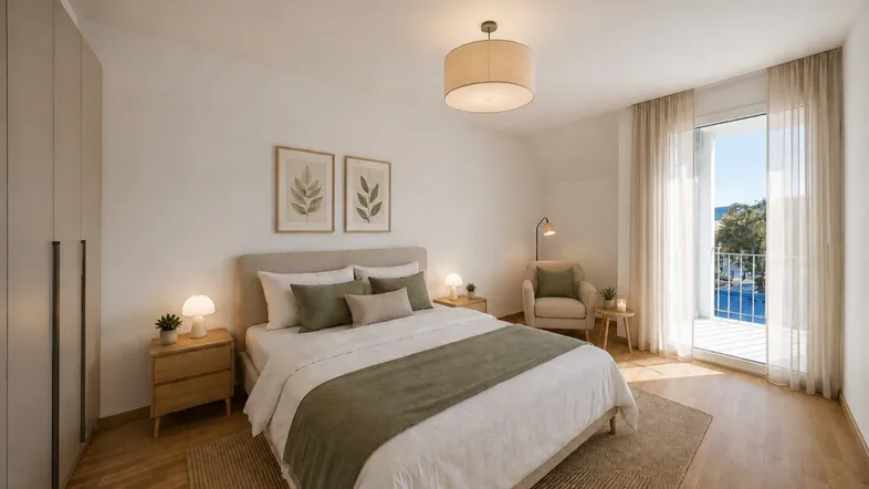 Helles Schlafzimmer mit Doppelbett, Kleiderschrank und Zugang zu einem Balkon.