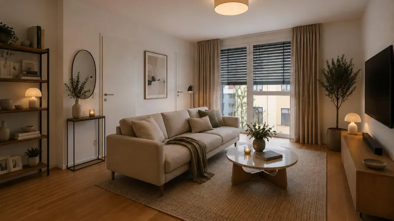 Modernes Wohnzimmer mit hellem Parkettboden, beigem Sofa und großen Fenstern, die viel Licht hereinlassen.