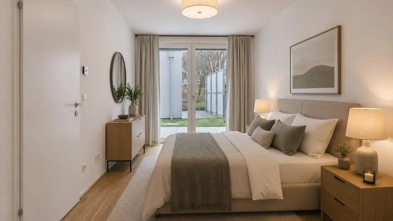 Helles Schlafzimmer mit Zugang zum Garten, Holzboden und modernem Mobiliar.