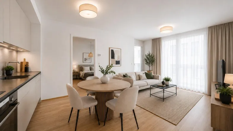 Heller, offener Wohn-Essbereich mit integrierter Küche, Parkettboden und Zugang zum Schlafzimmer.