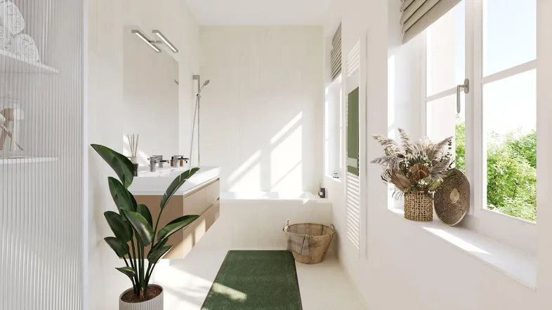 Helles, modernes Badezimmer mit Badewanne, schwebendem Waschtisch und Fenster für natürliches Licht.