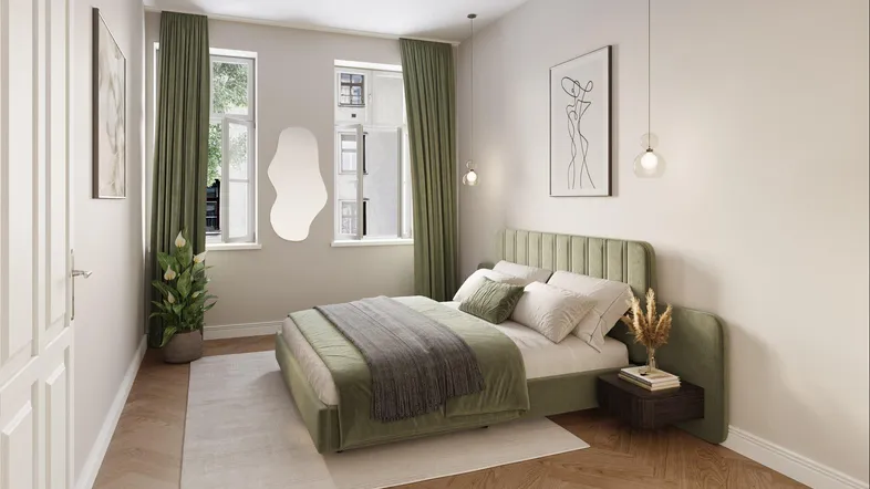 Helles Schlafzimmer mit modernem Bett, grünen Vorhängen und Fischgrätparkettboden.