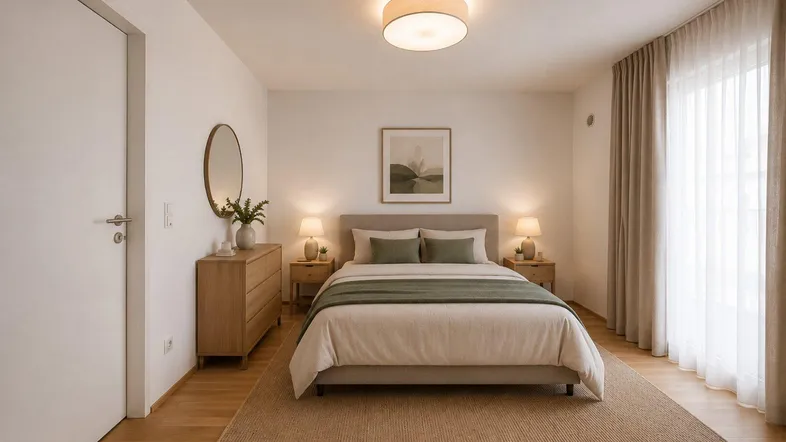 Modernes Schlafzimmer mit hellem Holzboden, beigem Teppich und großen Fenstern für viel Tageslicht.