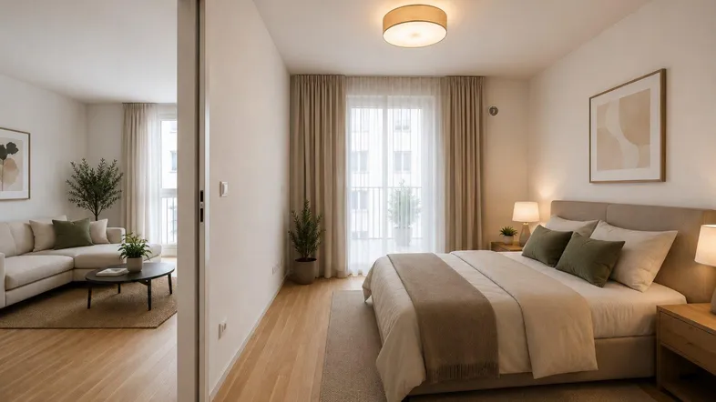 Helles Schlafzimmer mit modernem Bett, Nachttischen und Zugang zum Wohnbereich.