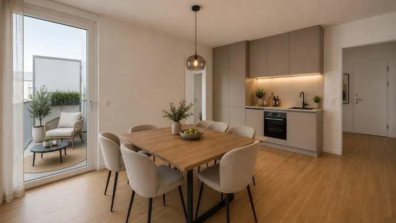 Moderner offener Wohn-Essbereich mit integrierter Küche und Zugang zu einem möblierten Balkon.