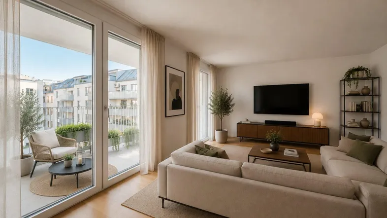 Modernes Wohnzimmer mit hellem Parkettboden, beigem Sofa und Zugang zu einem möblierten Balkon.