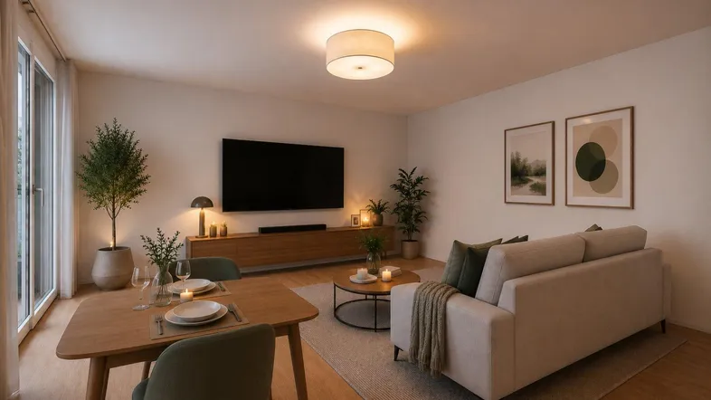 Modern eingerichteter Wohn-Essbereich mit hellem Parkettboden, beiger Couch und Esstisch.