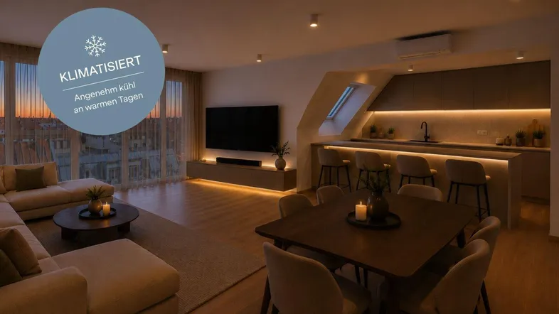 Modernes Wohnzimmer mit offener Küche, Essbereich und Klimaanlage, ideal für warme Tage.