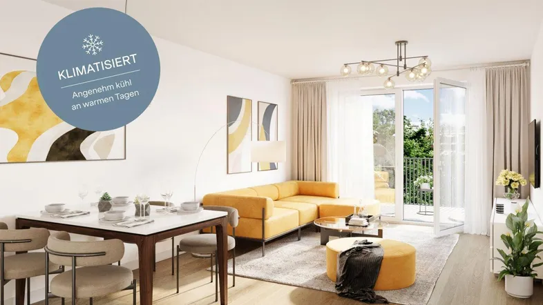 Modernes Wohn-Esszimmer mit Balkonzugang, Holzboden und Klimaanlage für angenehme Kühle.
