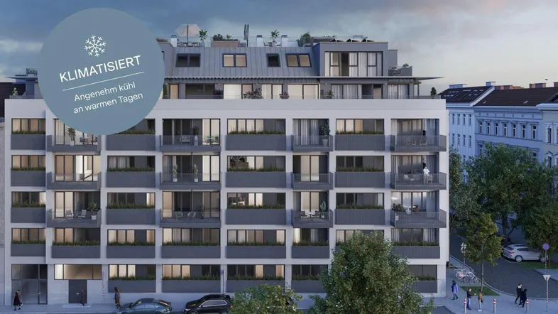 Moderne Wohnanlage mit zahlreichen Balkonen und Dachterrassen in urbaner Umgebung, ausgestattet mit Klimatisierung.