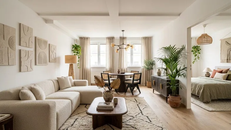 Helles Wohn- und Esszimmer mit modernem Interieur, Holzboden und offener Verbindung zum Schlafzimmer.