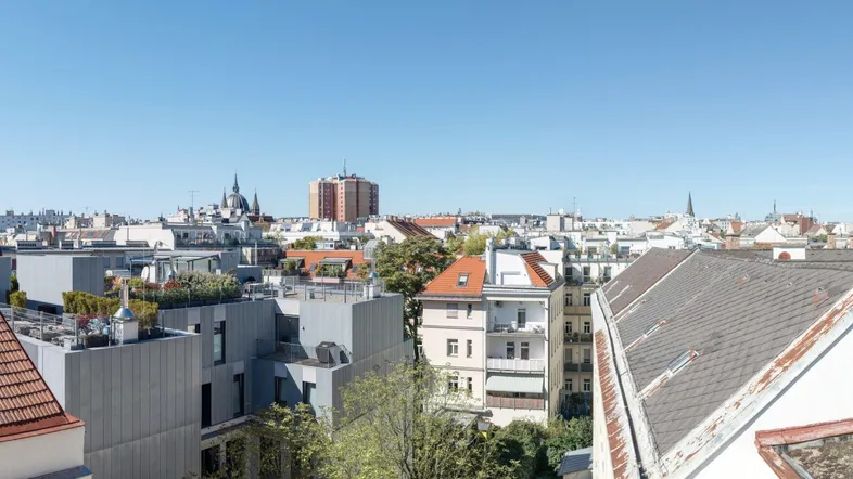 Panoramablick über die Dächer der Stadt mit verschiedenen Gebäudetypen unter blauem Himmel.
