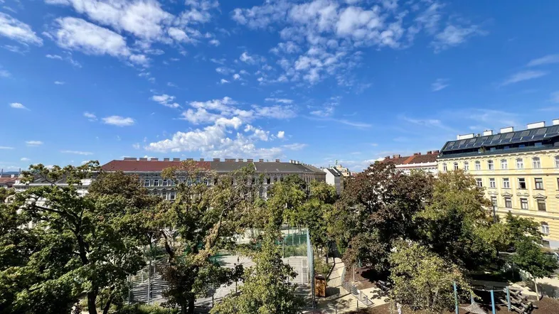 Blick über einen grünen Park mit Spielplatz und umliegenden Gebäuden unter blauem Himmel.