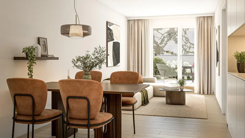 Heller, offener Wohn- und Essbereich mit modernem Design, Holzboden und Zugang zum Balkon.