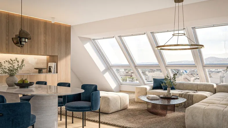 Helles, modernes Wohn- und Esszimmer mit offener Küche und großen Dachfenstern, bietet weite Ausblicke.