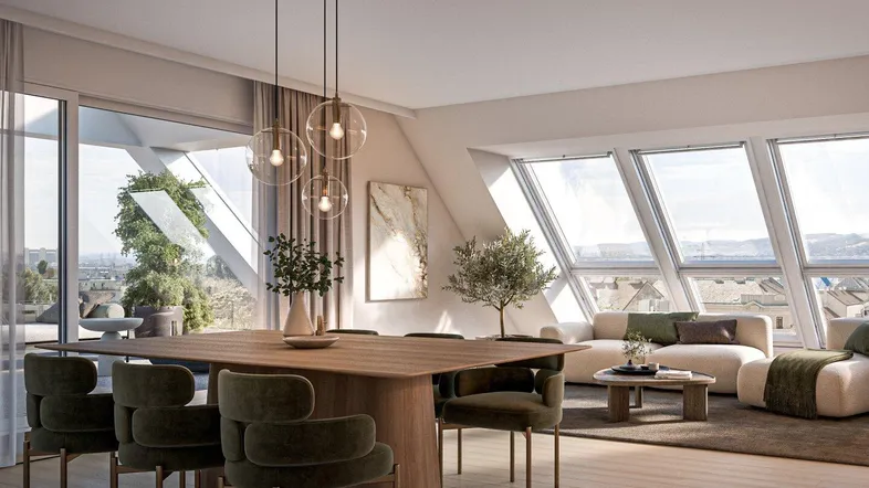 Moderner offener Wohn- und Essbereich mit Holzboden, großen Fenstern und Zugang zur Terrasse.