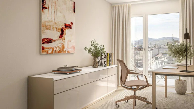 Modernes Arbeitszimmer mit Schreibtisch, Sideboard und Blick auf die Stadt.