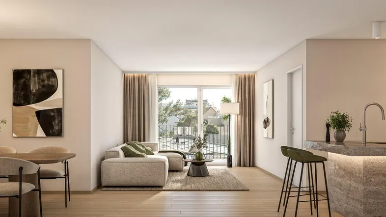 Helles, offenes Wohn- und Esszimmer mit moderner Einrichtung und Zugang zum Balkon.