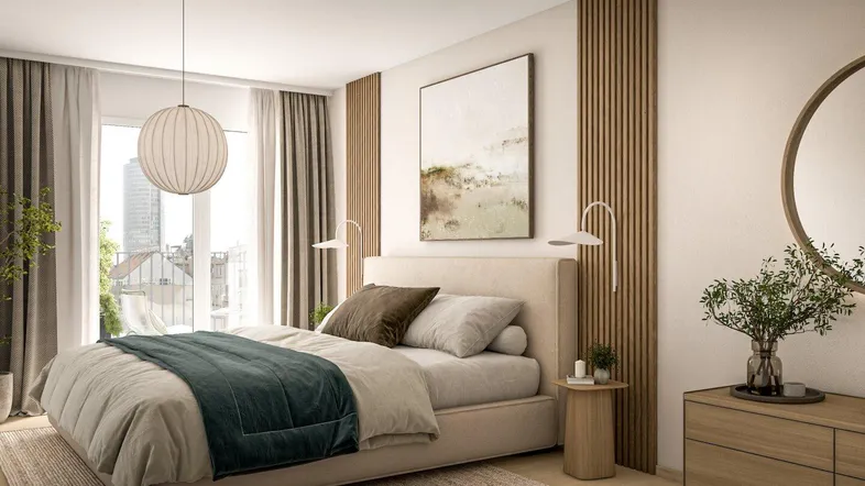 Modernes Schlafzimmer mit großem Bett, Holzakzenten und Zugang zu einem Balkon mit Stadtblick.