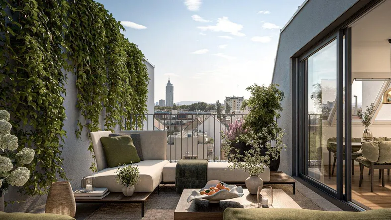 Moderne Dachterrasse mit bequemen Loungemöbeln, Pflanzen und weitem Stadtblick.