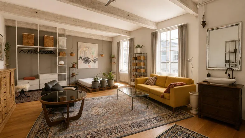 Geräumiges Wohnzimmer mit Holzbalkendecke, Parkettboden und einem gelben Sofa, das zum Entspannen einlädt.