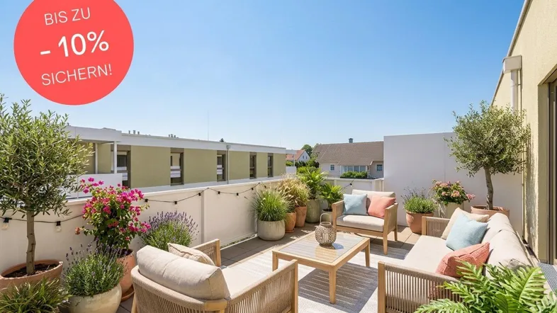 Große, möblierte Dachterrasse mit vielen Pflanzen und gemütlicher Sitzecke unter blauem Himmel.
