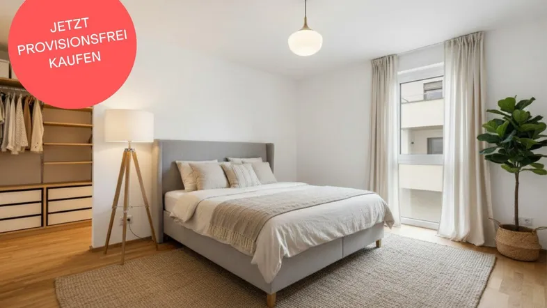 Helles Schlafzimmer mit Doppelbett, Nachttischlampen und offenem Kleiderschrankbereich.