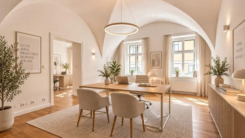 Elegantes Büro mit Gewölbedecke, Holzboden und viel Tageslicht, ideal für produktives Arbeiten.